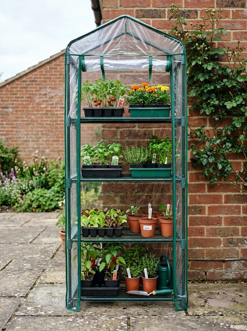 A four-tier mini greenhouse with a clear cover on a patio